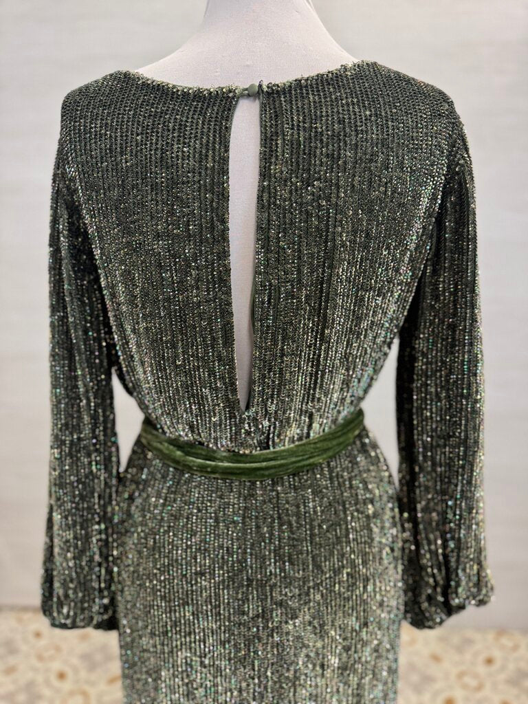 Retrofete Green Sequin Long Sleeve Short Formal Dress Extra Small