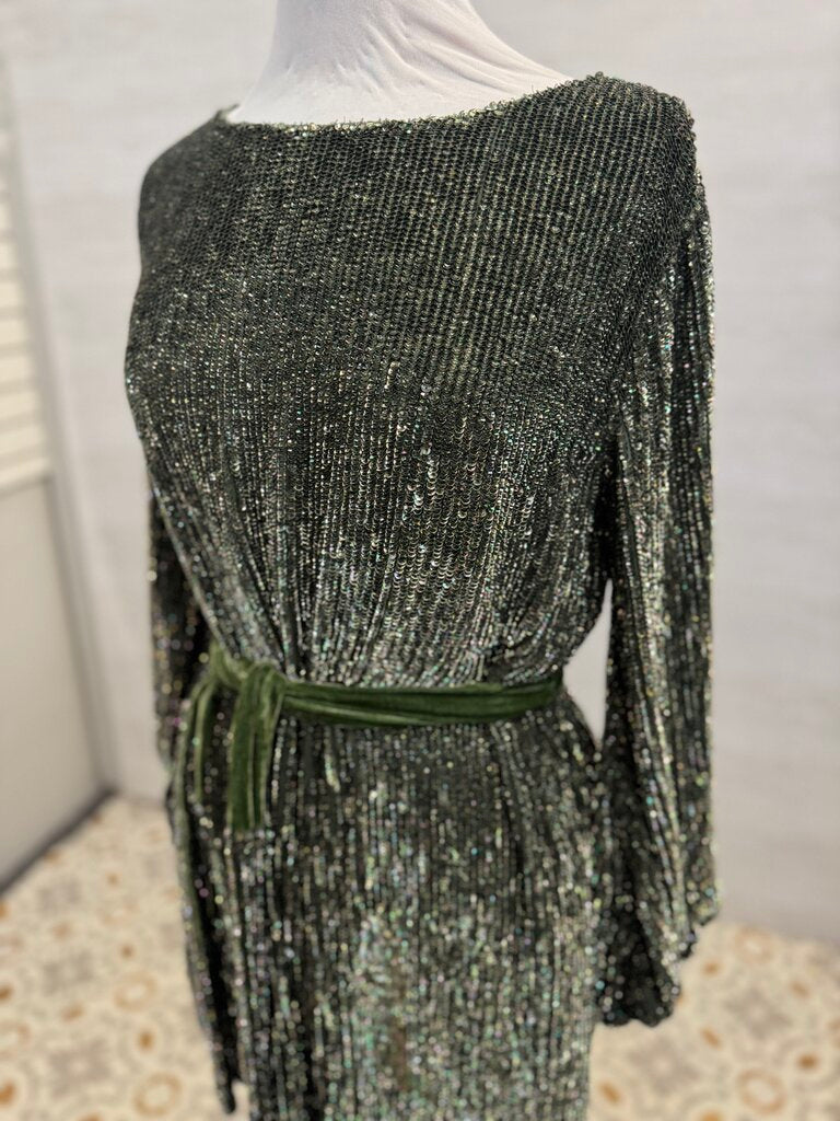 Retrofete Green Sequin Long Sleeve Short Formal Dress Extra Small
