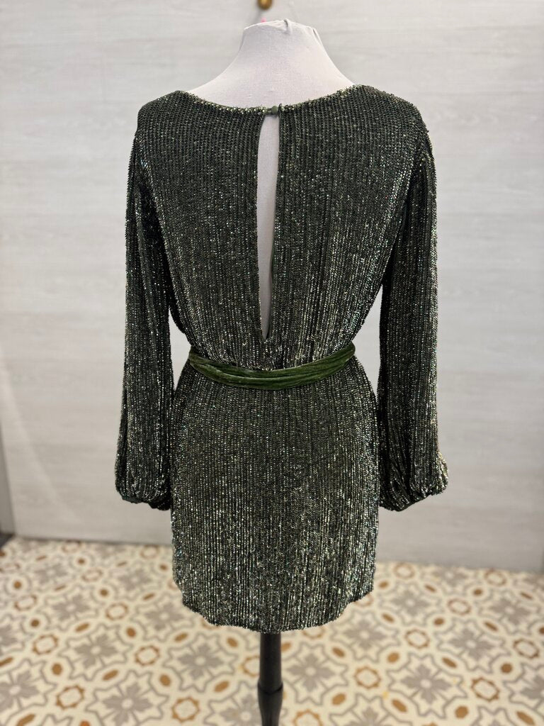 Retrofete Green Sequin Long Sleeve Short Formal Dress Extra Small