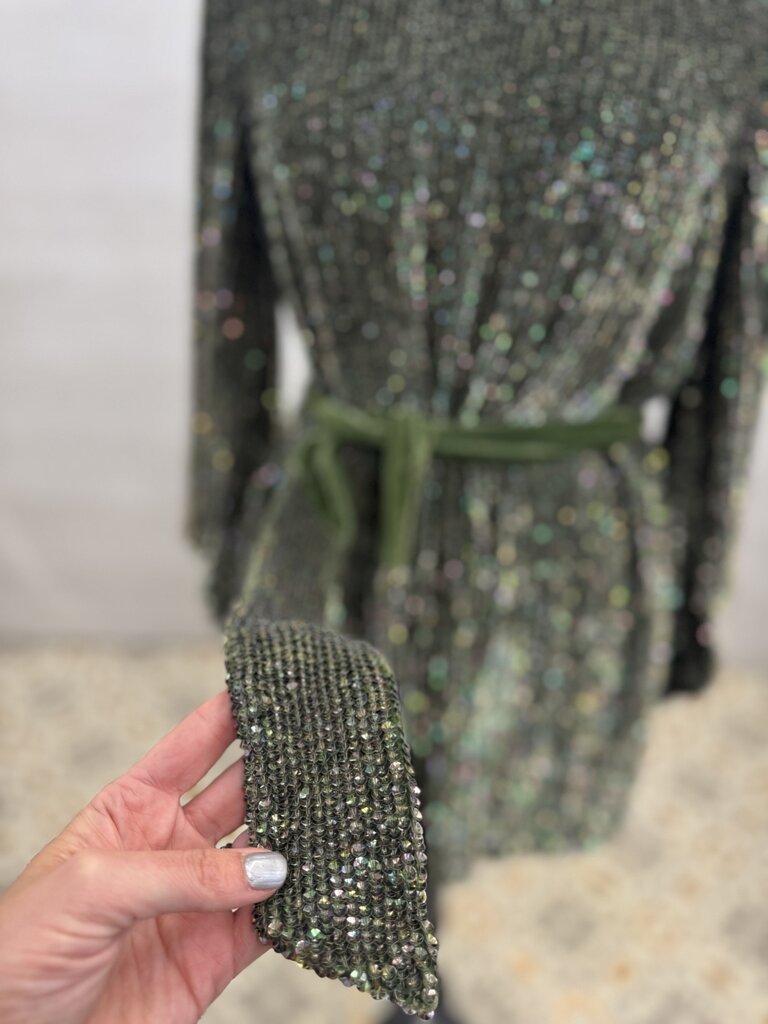 Retrofete Green Sequin Long Sleeve Short Formal Dress Extra Small