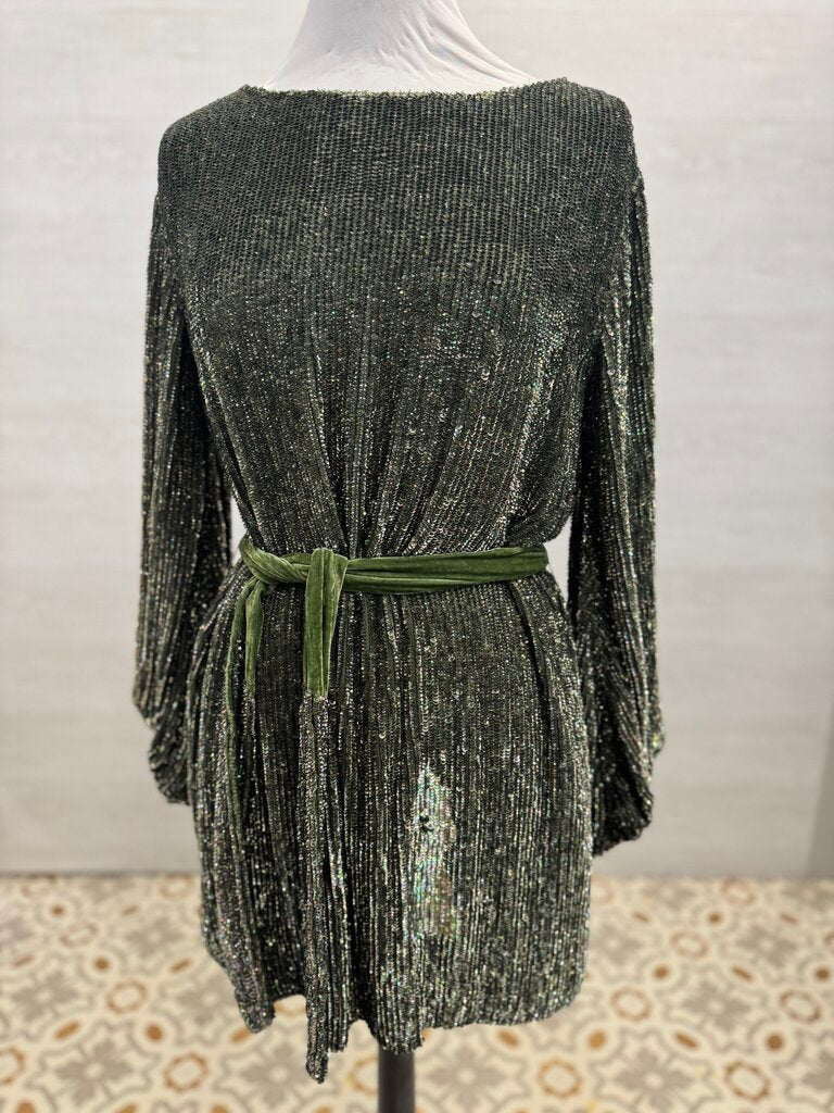 Retrofete Green Sequin Long Sleeve Short Formal Dress Extra Small