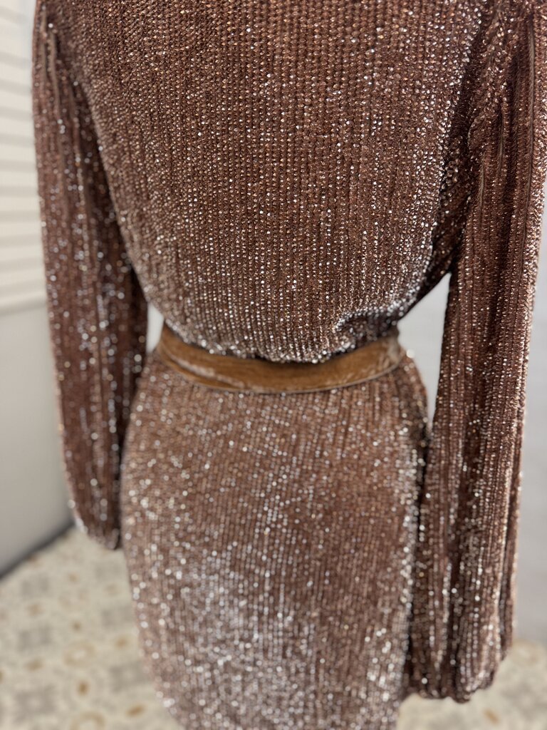 Retrofete Rose Gold Sequin Long Sleeve Short Formal Dress Extra