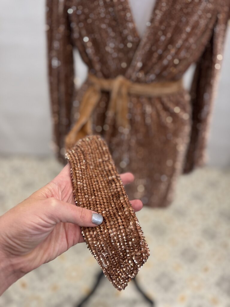 Retrofete Rose Gold Sequin Long Sleeve Short Formal Dress Extra