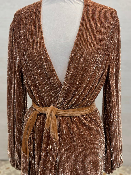 Retrofete Rose Gold Sequin Long Sleeve Short Formal Dress Extra