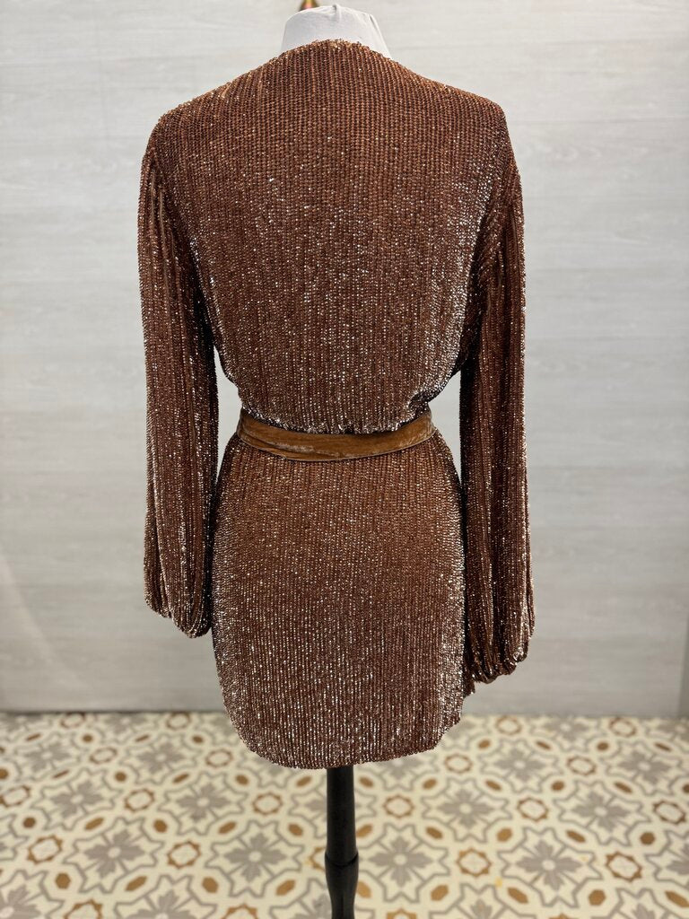 Retrofete Rose Gold Sequin Long Sleeve Short Formal Dress Extra