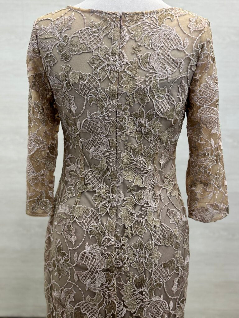 Alex Evenings Mauve Pink/ Gold Embroidered Lace Long Sleeve Short Formal Dress 6