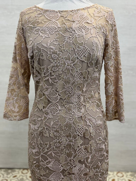 Alex Evenings Mauve Pink/ Gold Embroidered Lace Long Sleeve Short Formal Dress 6