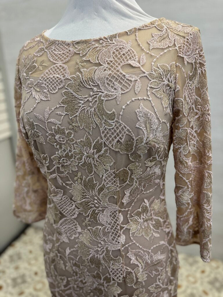 Alex Evenings Mauve Pink/ Gold Embroidered Lace Long Sleeve Short Formal Dress 6