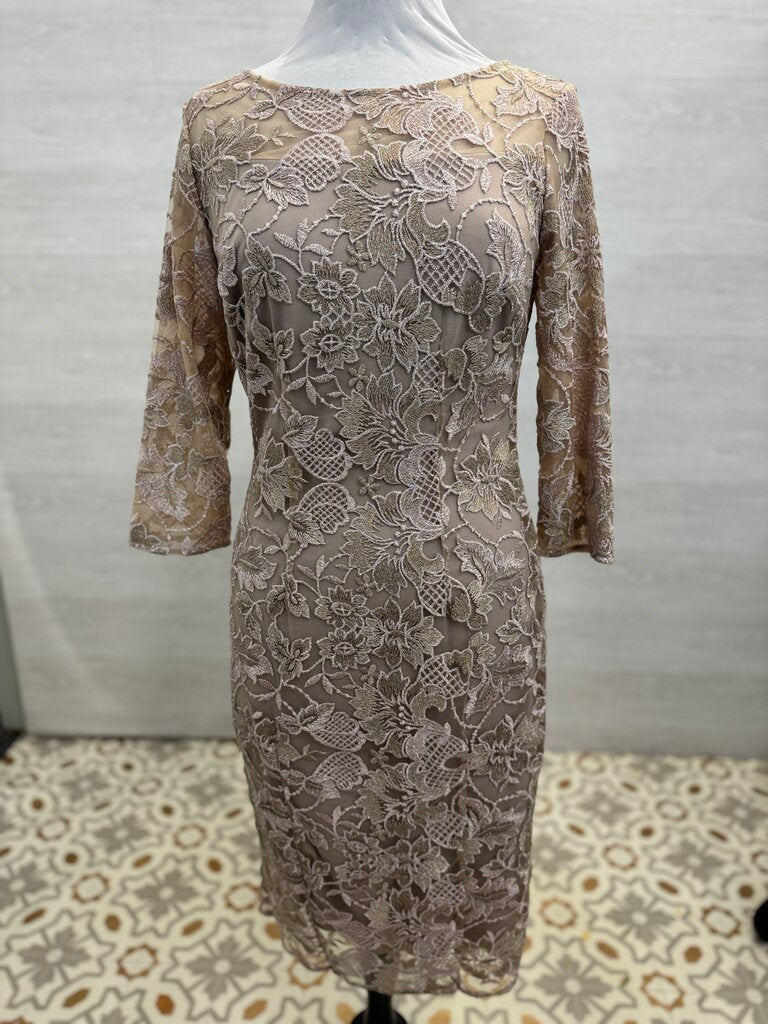 Alex Evenings Mauve Pink/ Gold Embroidered Lace Long Sleeve Short Formal Dress 6