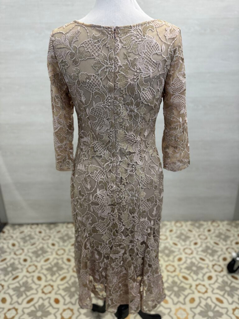 Alex Evenings Mauve Pink/ Gold Embroidered Lace Long Sleeve Short Formal Dress 6