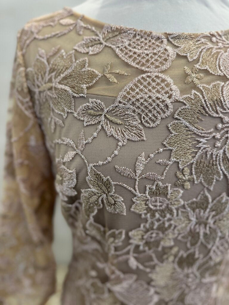Alex Evenings Mauve Pink/ Gold Embroidered Lace Long Sleeve Short Formal Dress 6