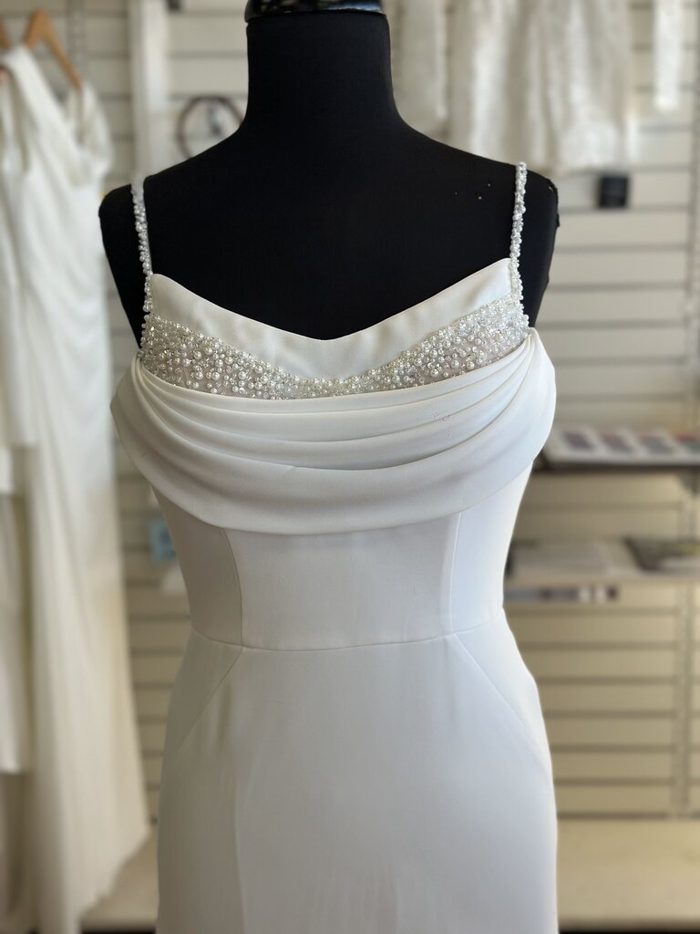 Stella York White Cowl Neck Pearl Detail Bridal Gown 10