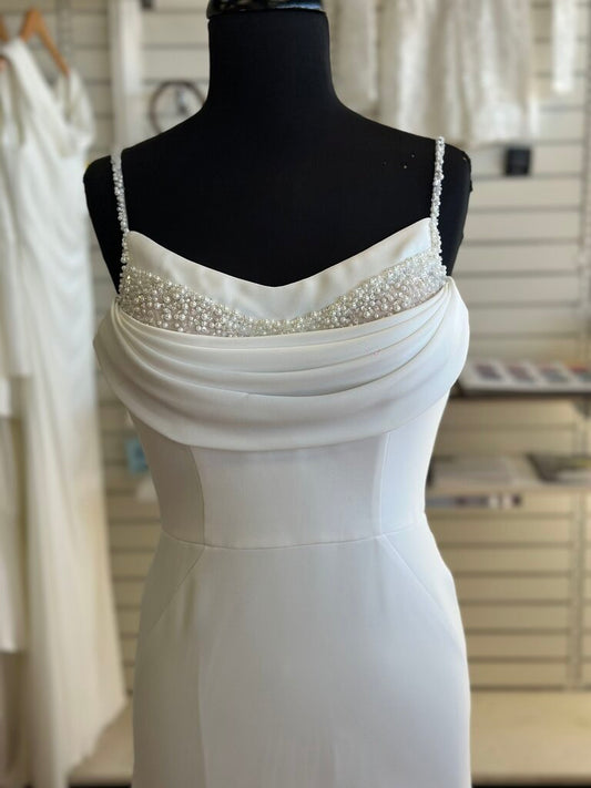 Stella York White Cowl Neck Pearl Detail Bridal Gown 10