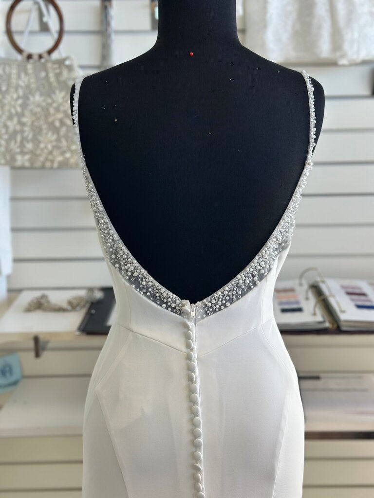 Stella York White Cowl Neck Pearl Detail Bridal Gown 10