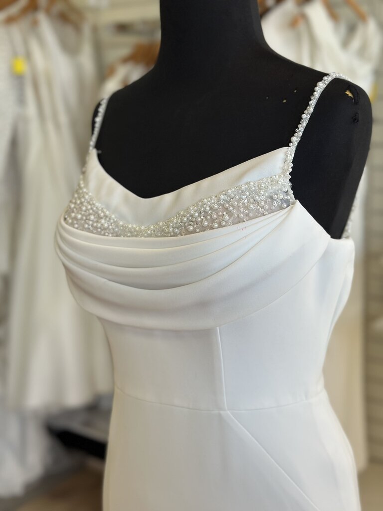 Stella York White Cowl Neck Pearl Detail Bridal Gown 10