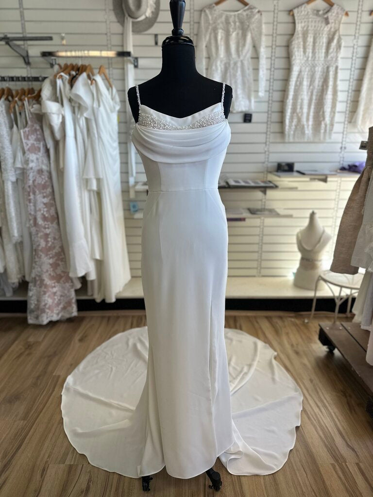 Stella York White Cowl Neck Pearl Detail Bridal Gown 10