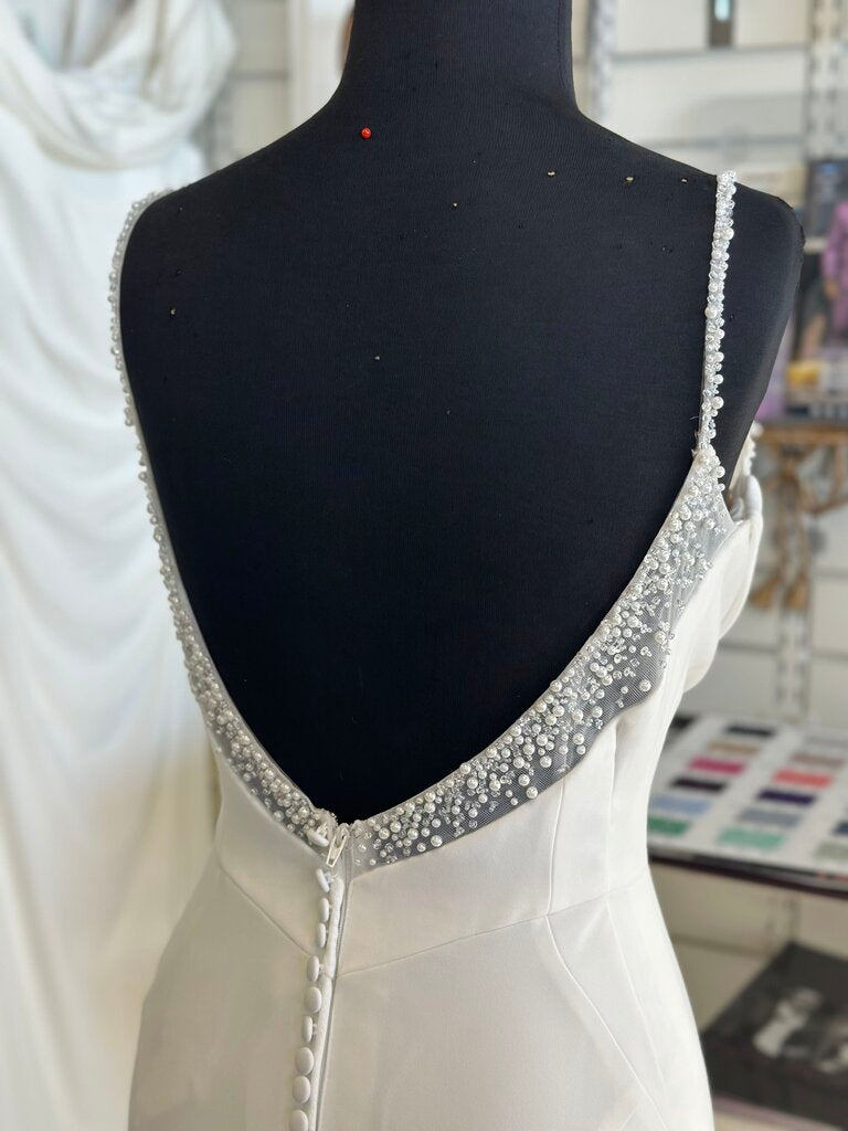 Stella York White Cowl Neck Pearl Detail Bridal Gown 10