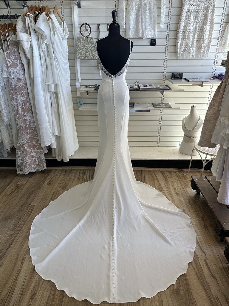 Stella York White Cowl Neck Pearl Detail Bridal Gown 10