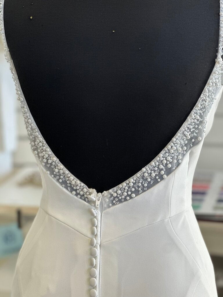 Stella York White Cowl Neck Pearl Detail Bridal Gown 10