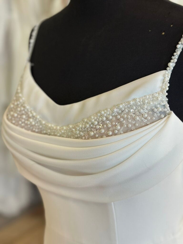 Stella York White Cowl Neck Pearl Detail Bridal Gown 10