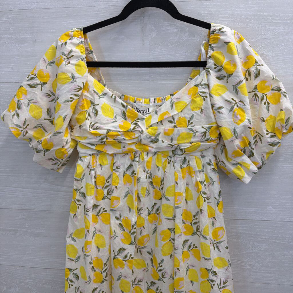 Trixxi White/ Yellow Lemon Print Short Puff Sleeve Dress Medium