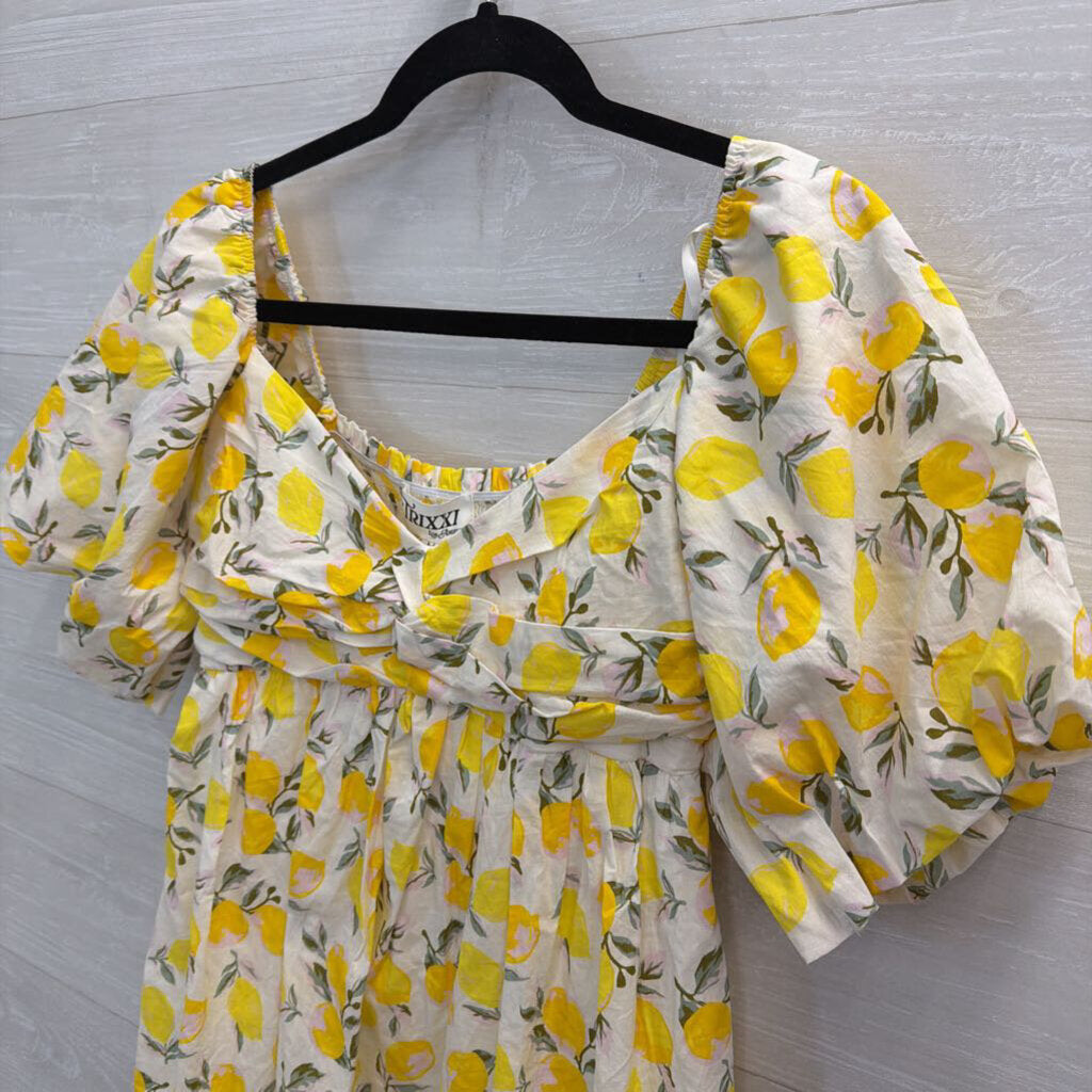 Trixxi White/ Yellow Lemon Print Short Puff Sleeve Dress Medium