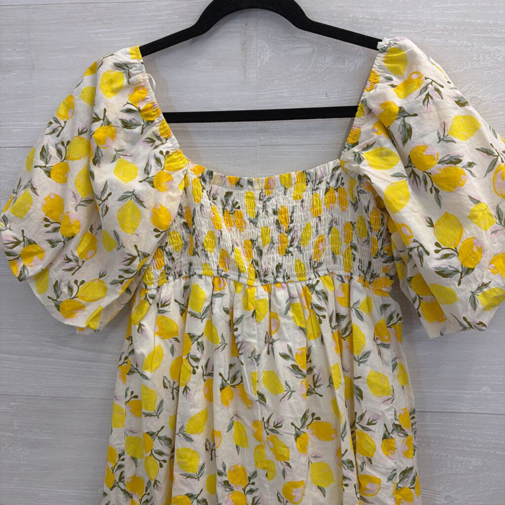 Trixxi White/ Yellow Lemon Print Short Puff Sleeve Dress Medium