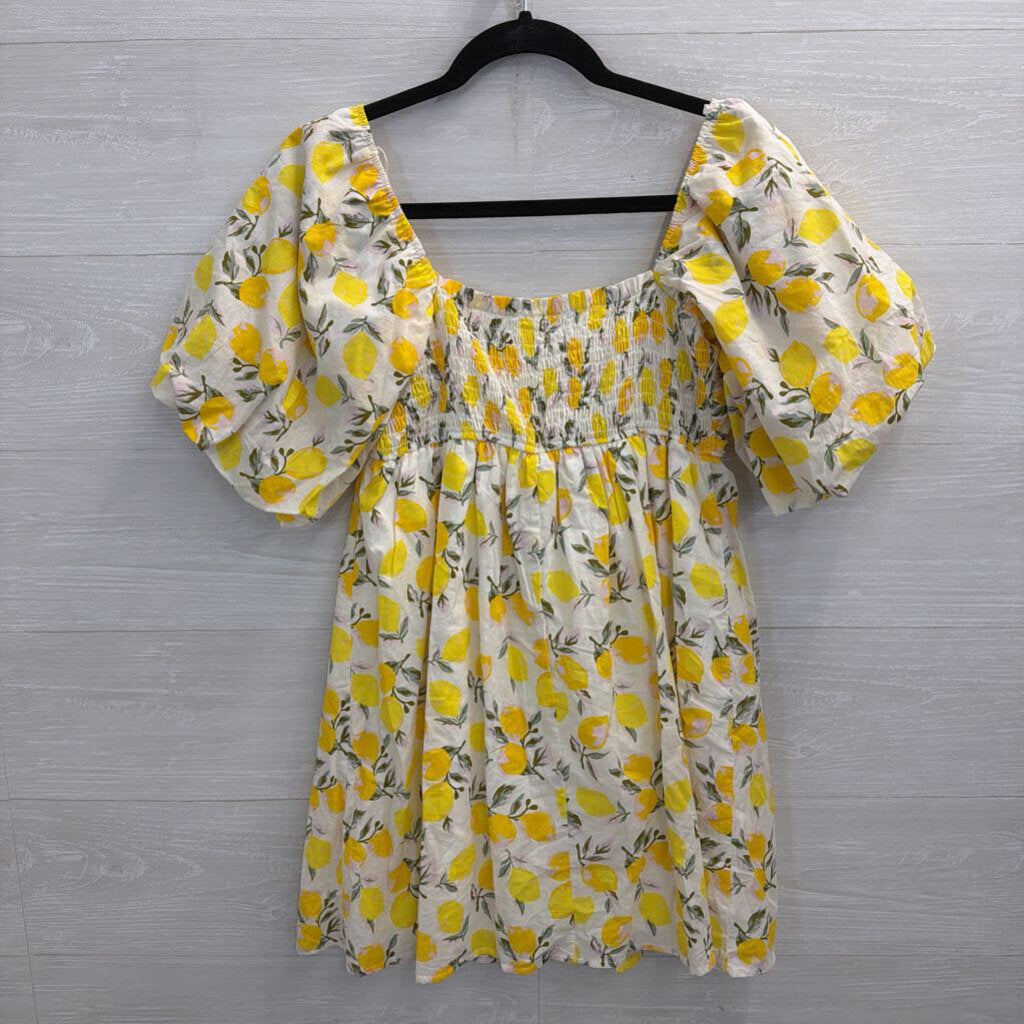 Trixxi White/ Yellow Lemon Print Short Puff Sleeve Dress Medium