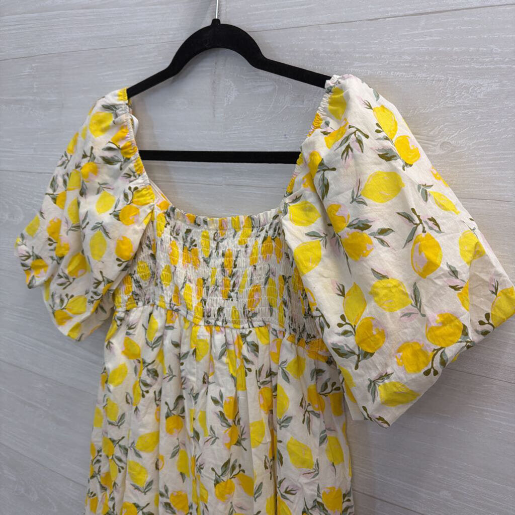 Trixxi White/ Yellow Lemon Print Short Puff Sleeve Dress Medium