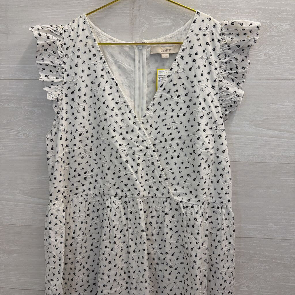 Loft White/ Black Eyelet Print Short Sleeve Dress 8 Tall