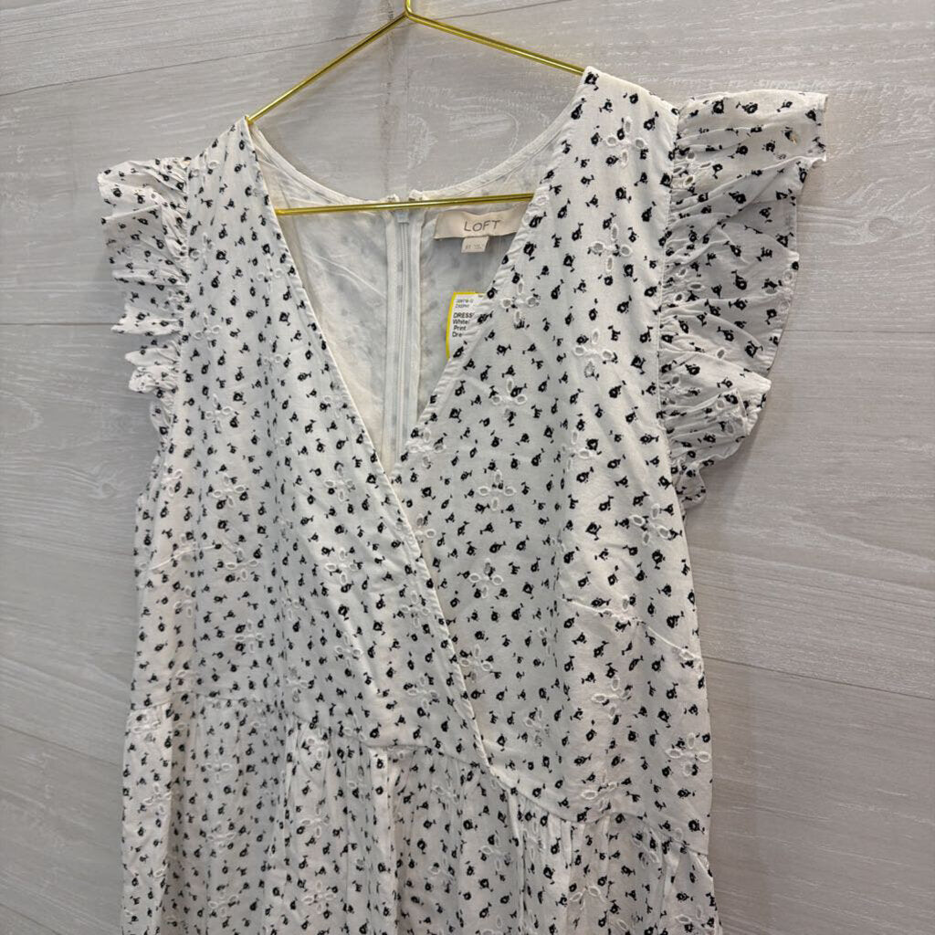 Loft White/ Black Eyelet Print Short Sleeve Dress 8 Tall