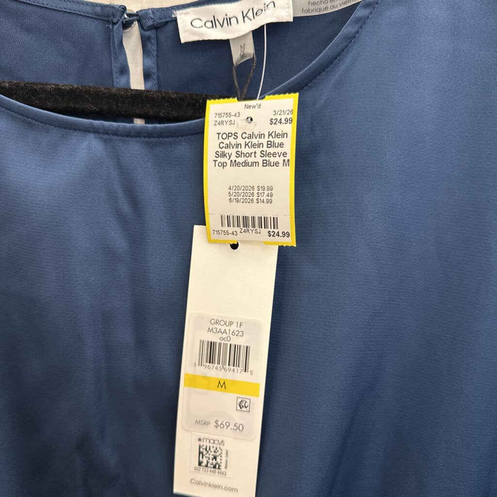 Calvin Klein Blue Silky Short Sleeve Top Medium