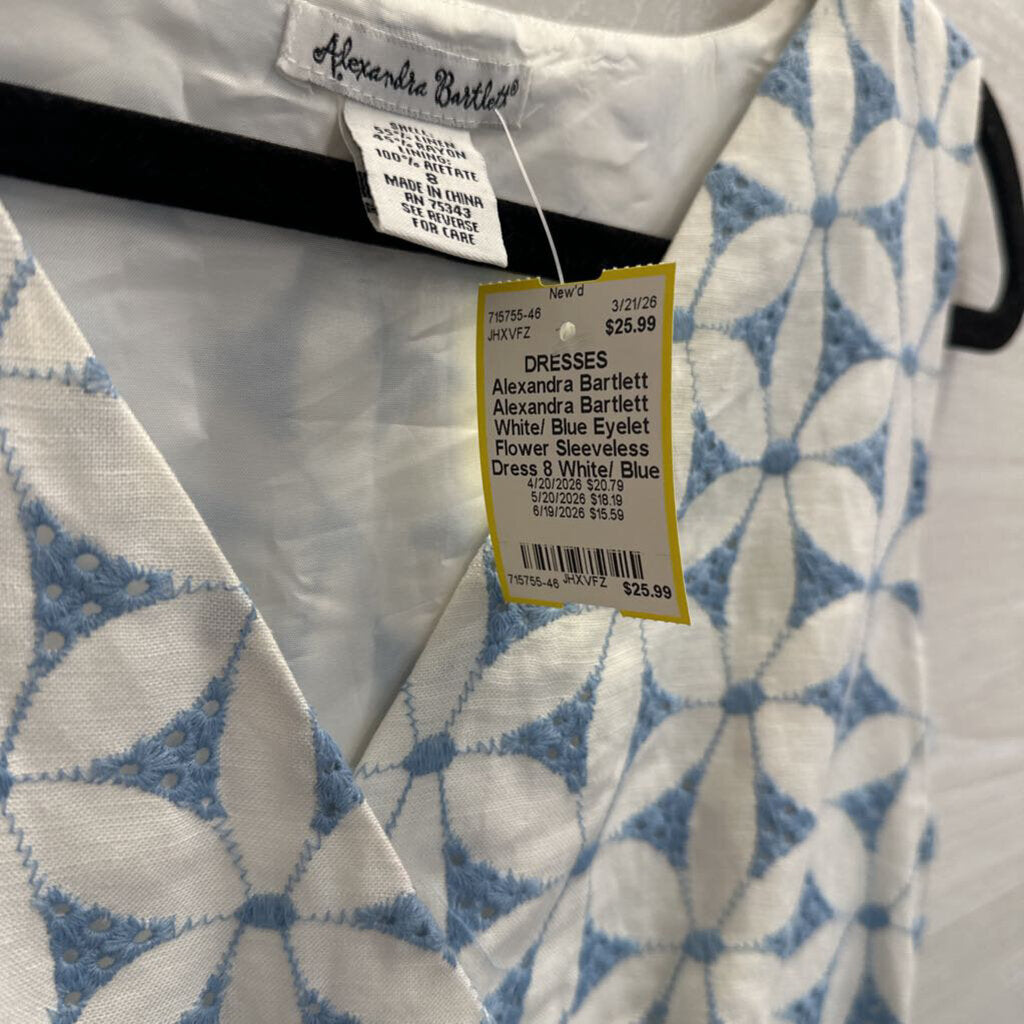 Alexandra Bartlett White/ Blue Eyelet Flower Sleeveless Dress 8