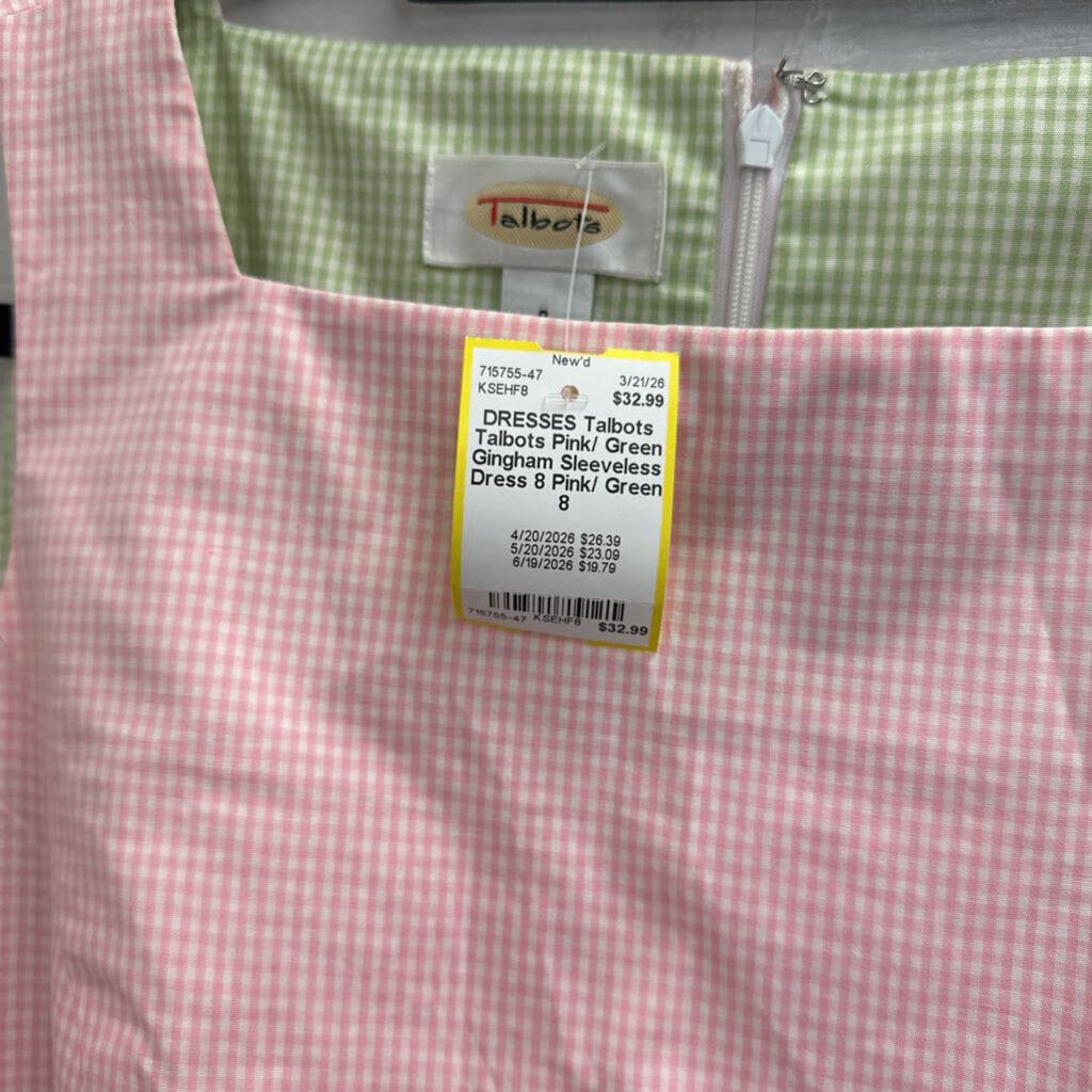 Talbots Pink/ Green Gingham Sleeveless Dress 8