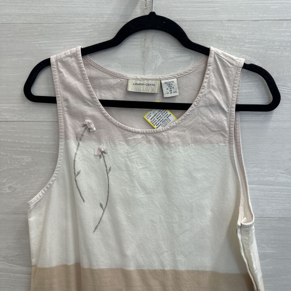 Lemon Grass White/ Beige Striped Embroidered Flower Sleeveless Dress Medium