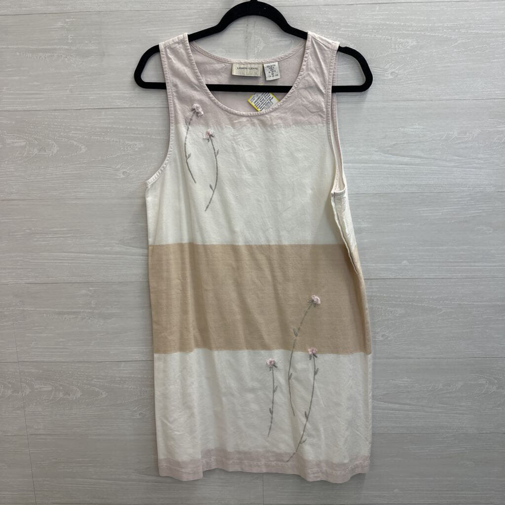 Lemon Grass White/ Beige Striped Embroidered Flower Sleeveless Dress Medium