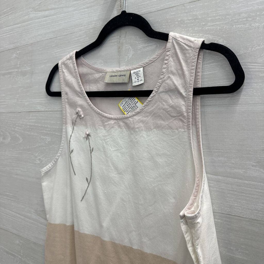 Lemon Grass White/ Beige Striped Embroidered Flower Sleeveless Dress Medium