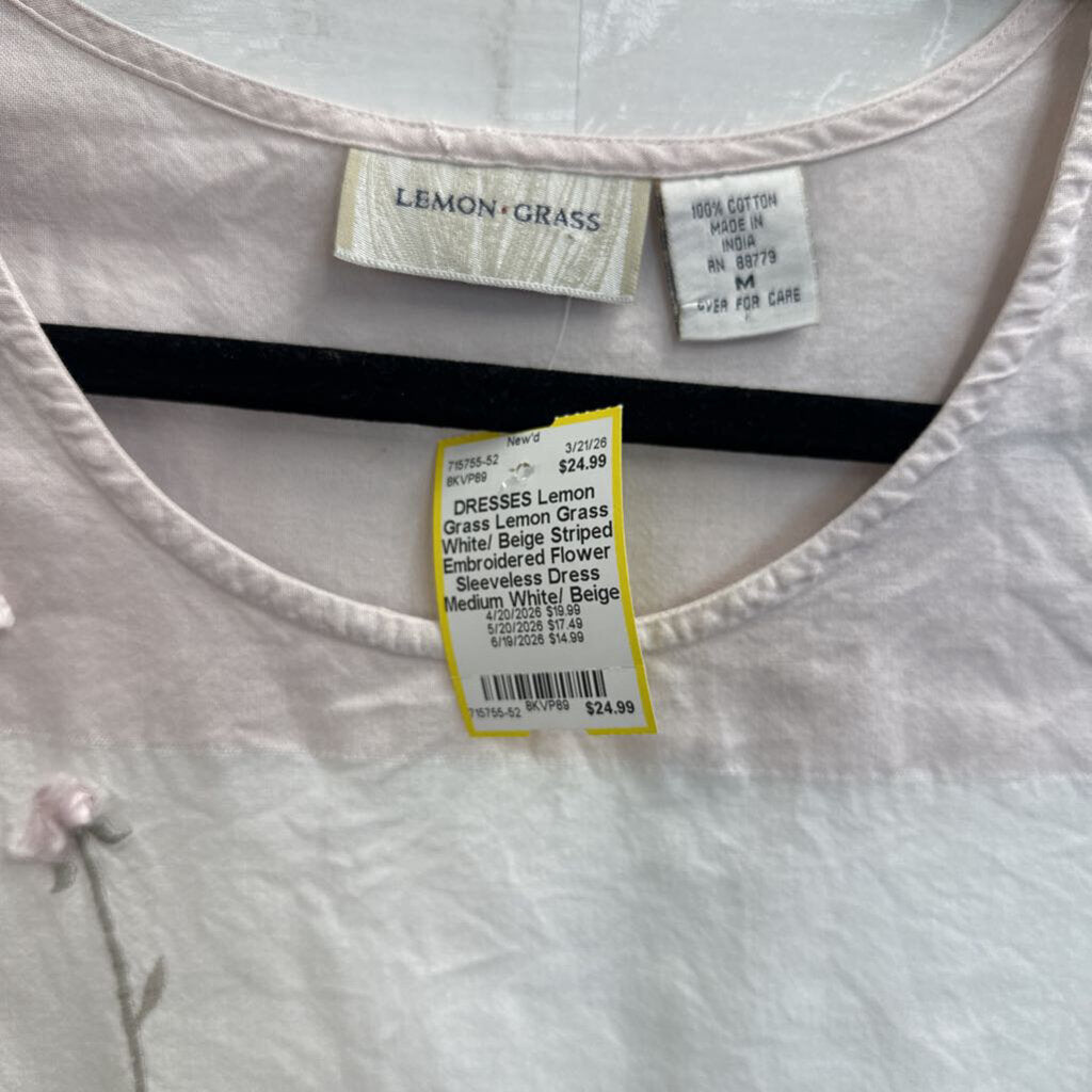 Lemon Grass White/ Beige Striped Embroidered Flower Sleeveless Dress Medium