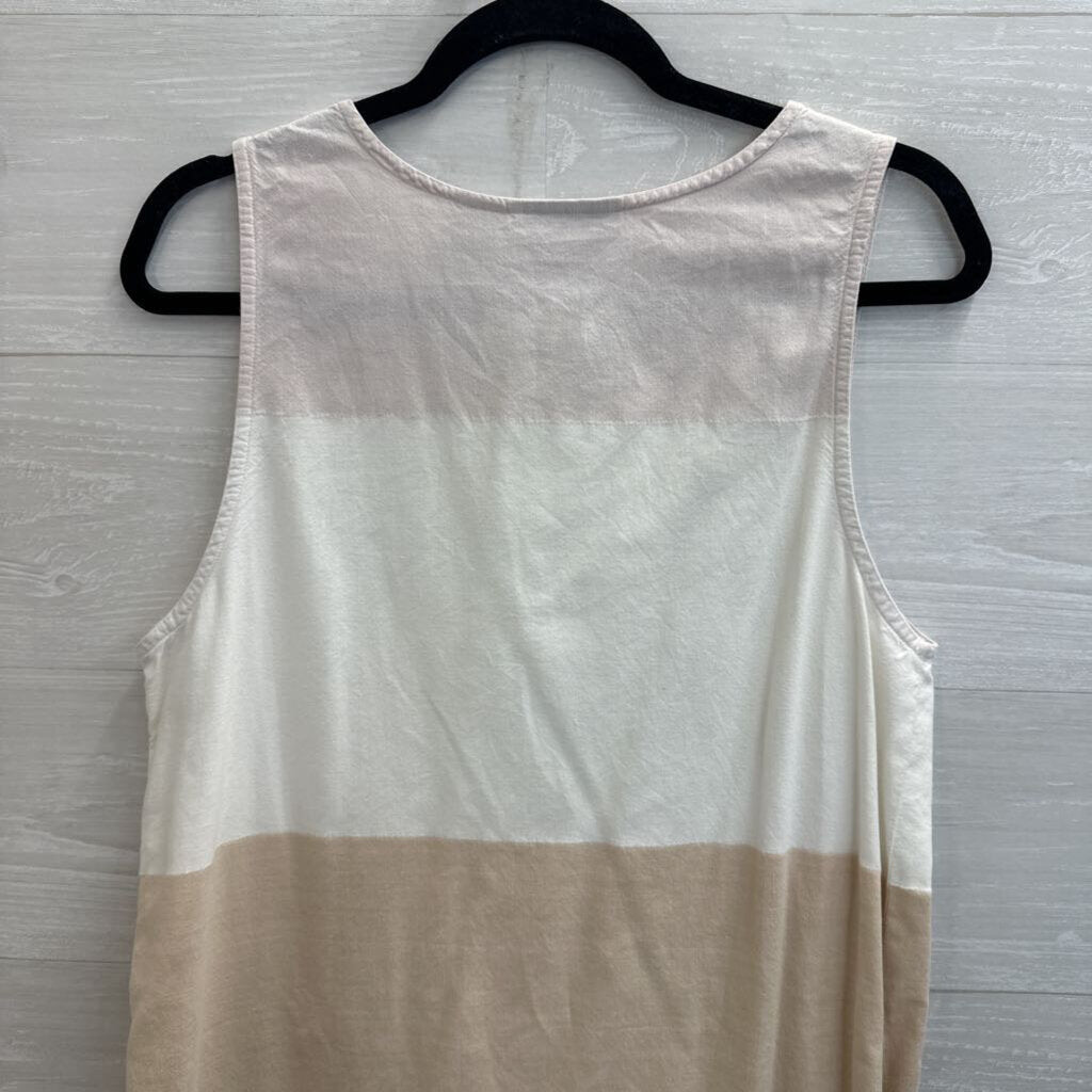 Lemon Grass White/ Beige Striped Embroidered Flower Sleeveless Dress Medium