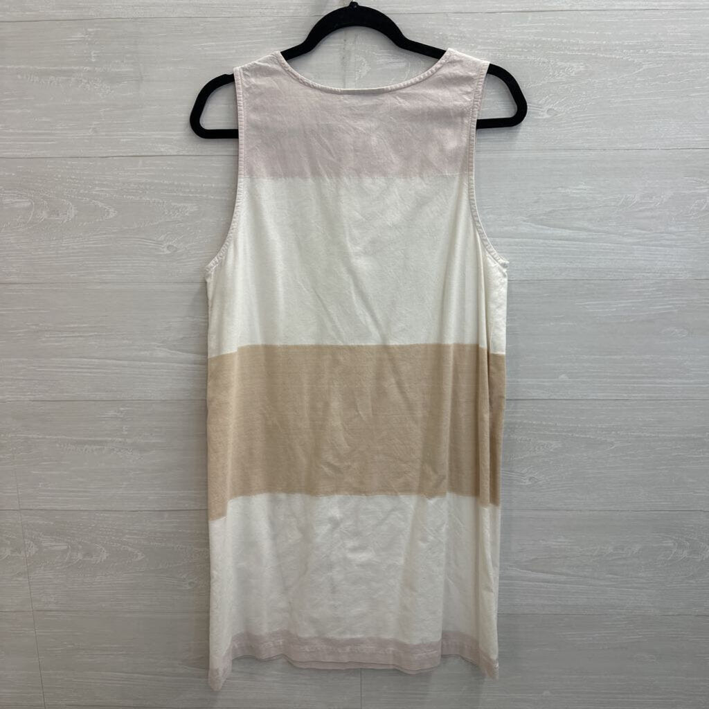 Lemon Grass White/ Beige Striped Embroidered Flower Sleeveless Dress Medium
