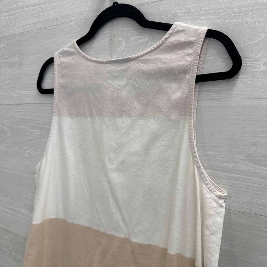 Lemon Grass White/ Beige Striped Embroidered Flower Sleeveless Dress Medium