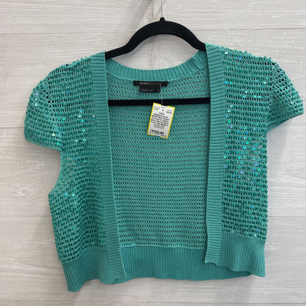 BCBG Blue Sequin Crochet Cropped Short Sleeve Open Front Top Medium