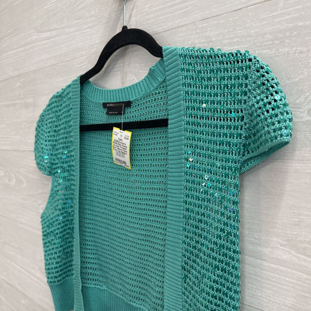 BCBG Blue Sequin Crochet Cropped Short Sleeve Open Front Top Medium