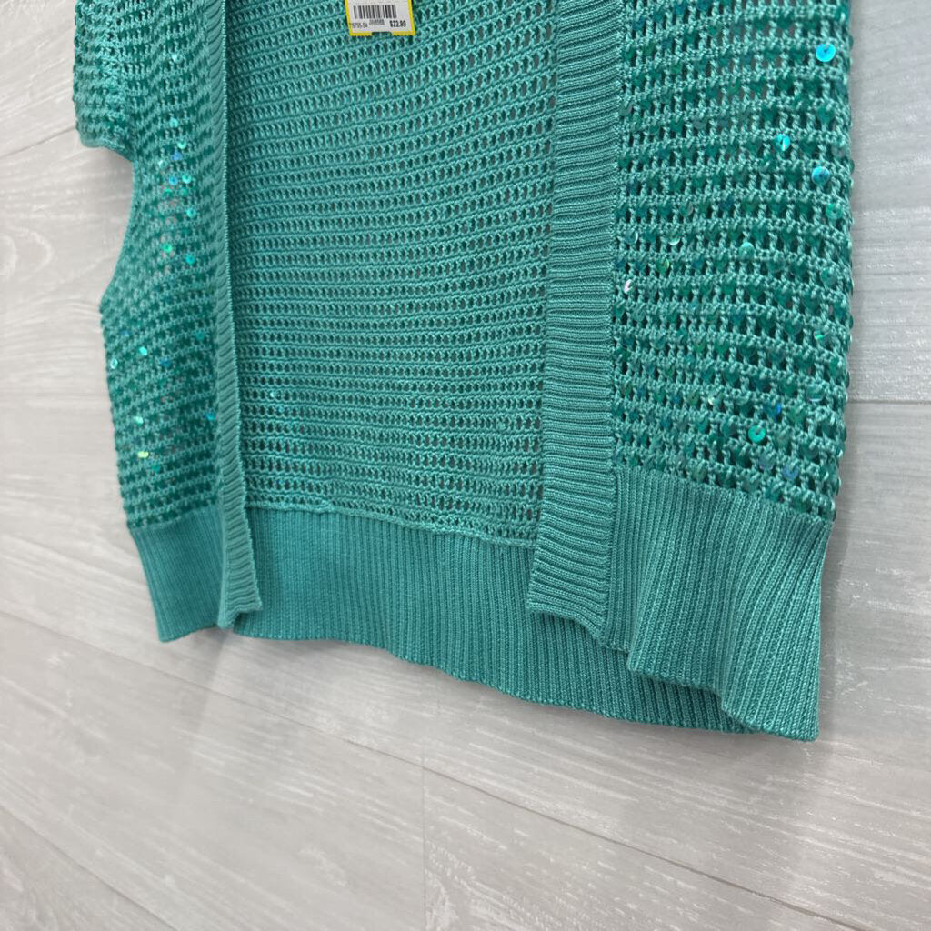BCBG Blue Sequin Crochet Cropped Short Sleeve Open Front Top Medium