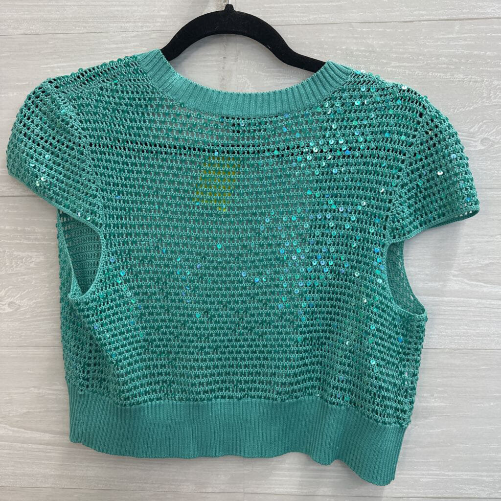 BCBG Blue Sequin Crochet Cropped Short Sleeve Open Front Top Medium