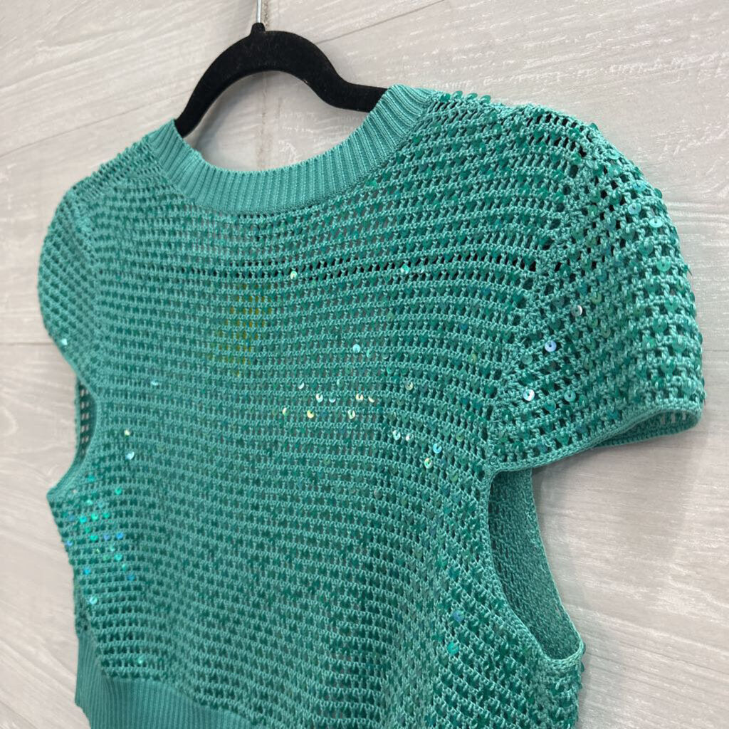 BCBG Blue Sequin Crochet Cropped Short Sleeve Open Front Top Medium