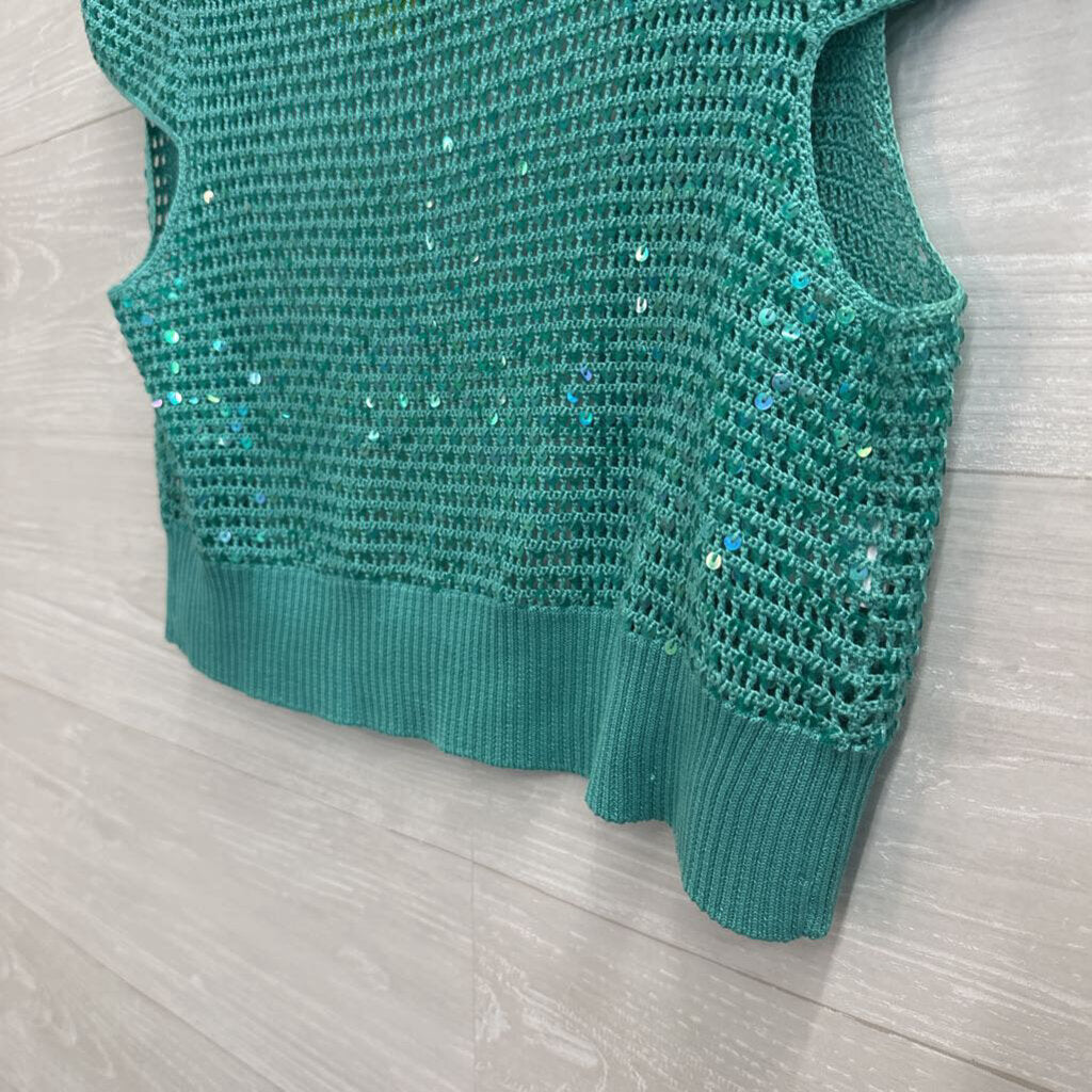 BCBG Blue Sequin Crochet Cropped Short Sleeve Open Front Top Medium