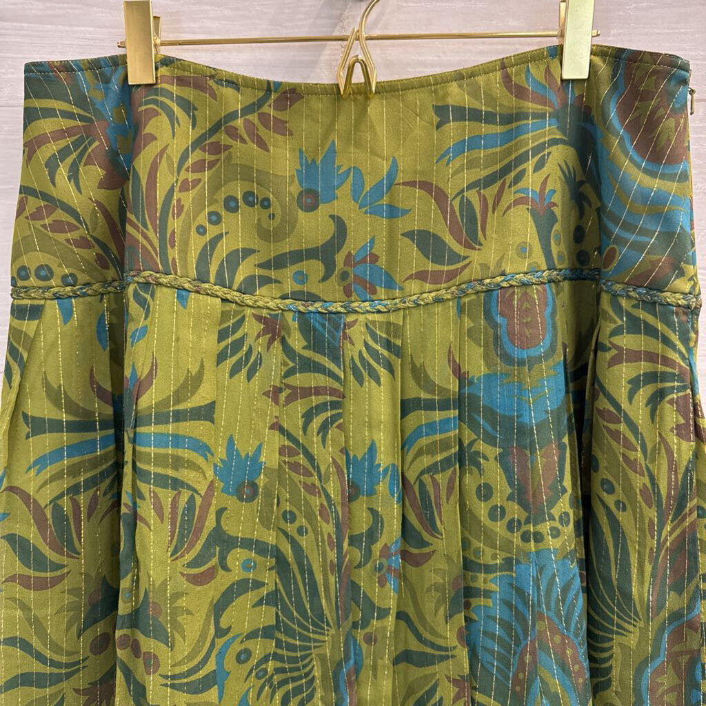 Kay Unger Green/ Multi Silk Blend Print Skirt 14