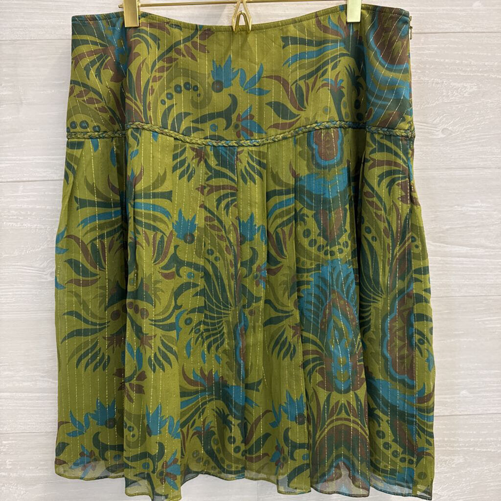 Kay Unger Green/ Multi Silk Blend Print Skirt 14