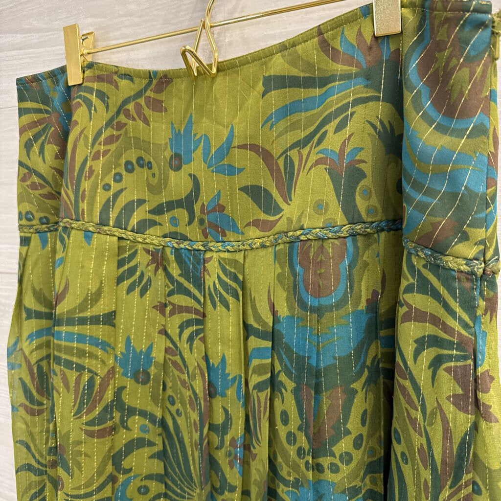 Kay Unger Green/ Multi Silk Blend Print Skirt 14